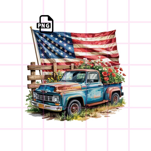Vintage American Truck with Flag PNG: Patriotic Clipart (Digital Download)