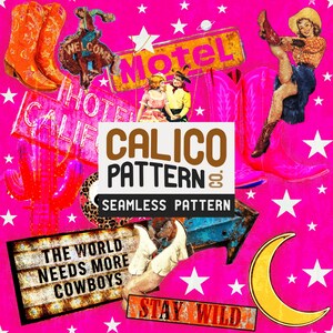Dreamy Cowgirl Signs Moon Hotel SEAMLESS PATTERN | Western Digital Paper Print | JPG Instant Download