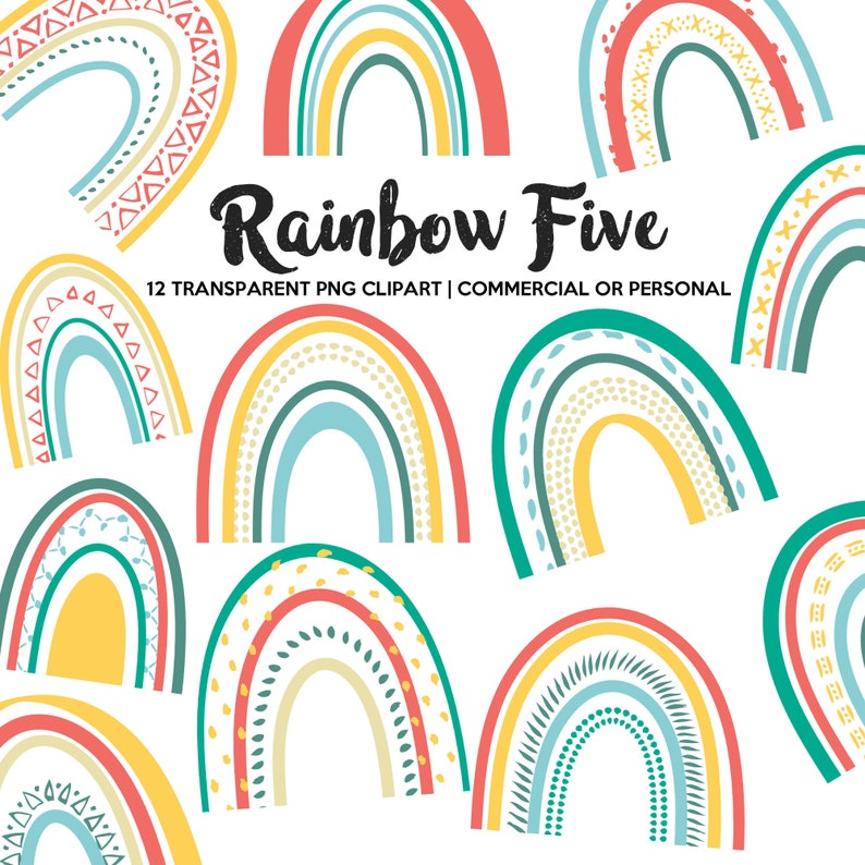 Commercial Use PNG Trendy Scrapbook Crafts Invites Cards Graphics 12 Colorful Rainbow Five Doodle Clipart Elements Instant Download