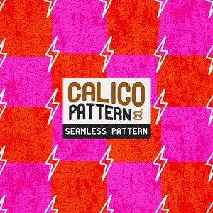 May include: Seamless calico pattern with a vibrant design. The pattern features a grid of alternating pink and orange squares with a textured appearance. White lightning bolt graphics are scattered throughout the design. The text "CALICO PATTERN" and "SEAMLESS PATTERN" is displayed.