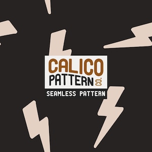 May include: Seamless pattern design featuring tan lightning bolts on a dark gray background. The text "CALICO PATTERN" is displayed in brown and white, with "SEAMLESS PATTERN" below. This design is suitable for various applications.