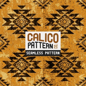 May include: A seamless calico pattern design with a textured, golden-yellow background. The pattern features repeating black geometric shapes. The text "CALICO PATTERN" and "SEAMLESS PATTERN" is displayed in a white rectangle.