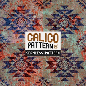 May include: A seamless calico pattern featuring a repeating geometric design in shades of blue, red, and gray. The design includes diamond and triangle shapes with a distressed, textured effect. The text "CALICO PATTERN" and "SEAMLESS PATTERN" is displayed in a white box.