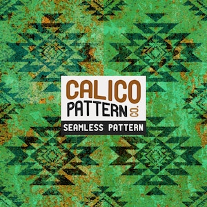 May include: A seamless calico pattern design featuring a repeating geometric pattern in shades of green, brown, and black. The design has a textured, distressed appearance. The text "CALICO PATTERN" and "SEAMLESS PATTERN" is displayed in a white rectangle.