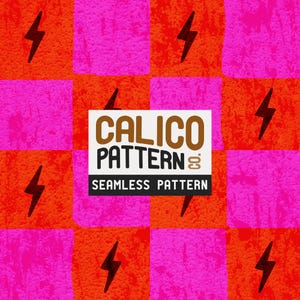 Puede incluir: Un patrón de calicó sin costuras con cuadrados alternos de naranja vibrante y rosa intenso, adornado con gráficos de rayos negros. El diseño incluye el texto "CALICO PATTERN" y "SEAMLESS PATTERN".