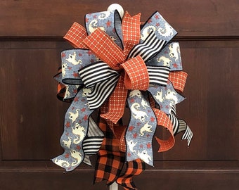 Orange and Blue Halloween Bow for Wreath, Lantern or Mailbox,  Whimsical Halloween Lantern Topper with ghosts