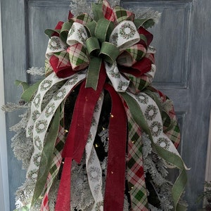 Large Christmas Bow for Tree, Cottage Christmas Tree Topper, Christmas Tree Topper Bow, Red and Green Holiday Tree Bow, Holiday Tree Bow