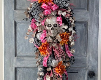 Glam Pink and Orange Halloween  wreath swag for front door, Halloween Teardrop Wreath with glam skull