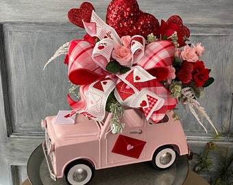 Valentine Truck Arrangement, Valentine Day Farmhouse Centerpiece, Love Bug Arrangement, Valentine Gnome Arrangement, Pink and Red Roses