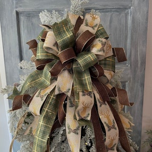 Rustic Christmas tree topper bow,  Large Christmas Bow Tree Topper, Woodland Christmas Tree Topper, XL Tree Topper Bow with long Streamers