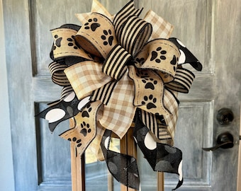 Paw Print Pet Bow for Wreath, Lantern, Mailbox or Swag, Farmhouse Bow for Fall, Spring or Summer, Farmhouse Lantern Bow