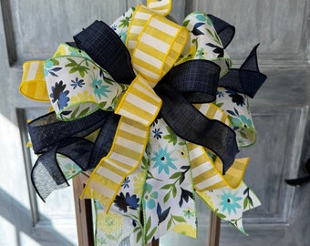 Summer Wreath Bow, Blue and Yellow Lantern Bow, Lantern Topper, Mailbox Bow, Long Streamer Bow