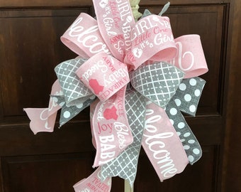 Welcome Baby Girl Bow for Wreaths, Lanterns, Door and Mailbox. Pink Multi Ribbon Wreath Bow