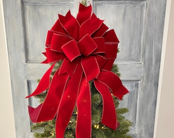 Dark Red velvet Christmas Tree Topper bow with long streamers, Christmas Wreath bow, Bow for swags, staircase or large gifts.