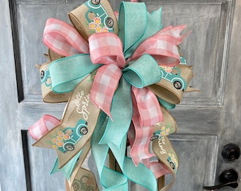 Farmhouse Spring Bow for Lantern or Wreath with Old Truck, Easter Basket Bow, Banister Bow, Spring Vintage Truck Bow