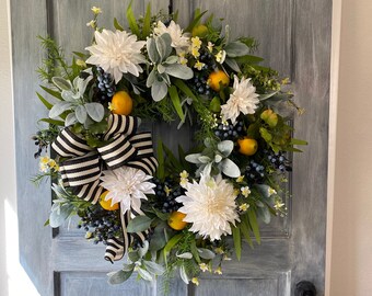Spring and Summer Lemon Blueberry Wreath for Front Door, Kitchen Fruit Wreath, Wreath with Black and White Bow