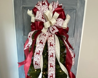 Dark Red Reindeer Christmas tree topper bow with long streamers, Burgundy Tree Topper Bow, XL Elegant  Christmas Bow,