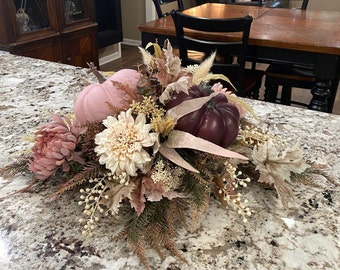 Pink Glam pumpkin centerpiece, Pink Fall Centerpiece, Pink Burgundy Pumpkin Arrangement, Thanksgiving Table Arrangement with pumpkins,