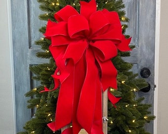 Red Velvet Christmas Tree Topper with Long Streamers, Wreath Bow, Large Bow for Wreaths, XL Christmas Tree Topper, Red Tree Topper Bow