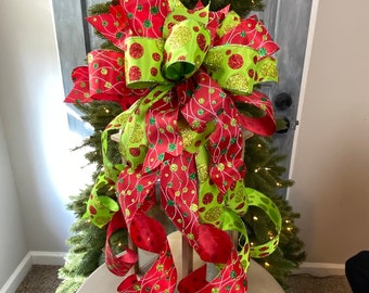 Whimsical red and lime green polka dot bow for tree topper, lantern, porch railings, mailbox. Christmas Tree Topper Bow