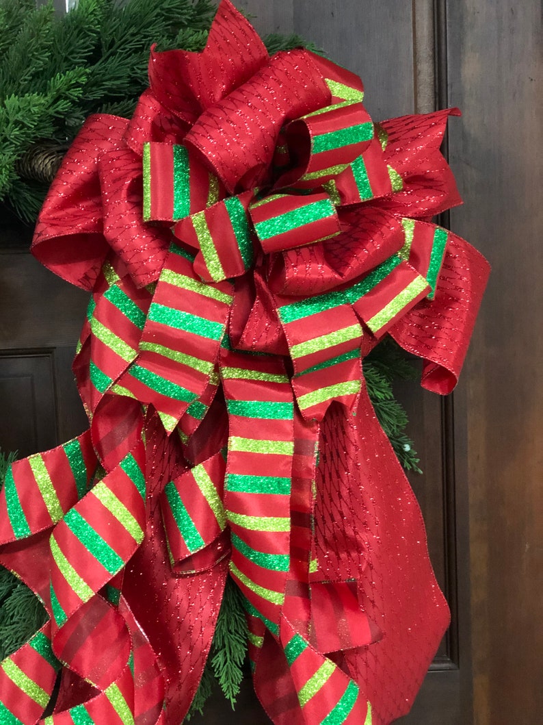 Red and Green Tree Topper Bow Whimsical Tree Bow Christmas Bow with Streamers