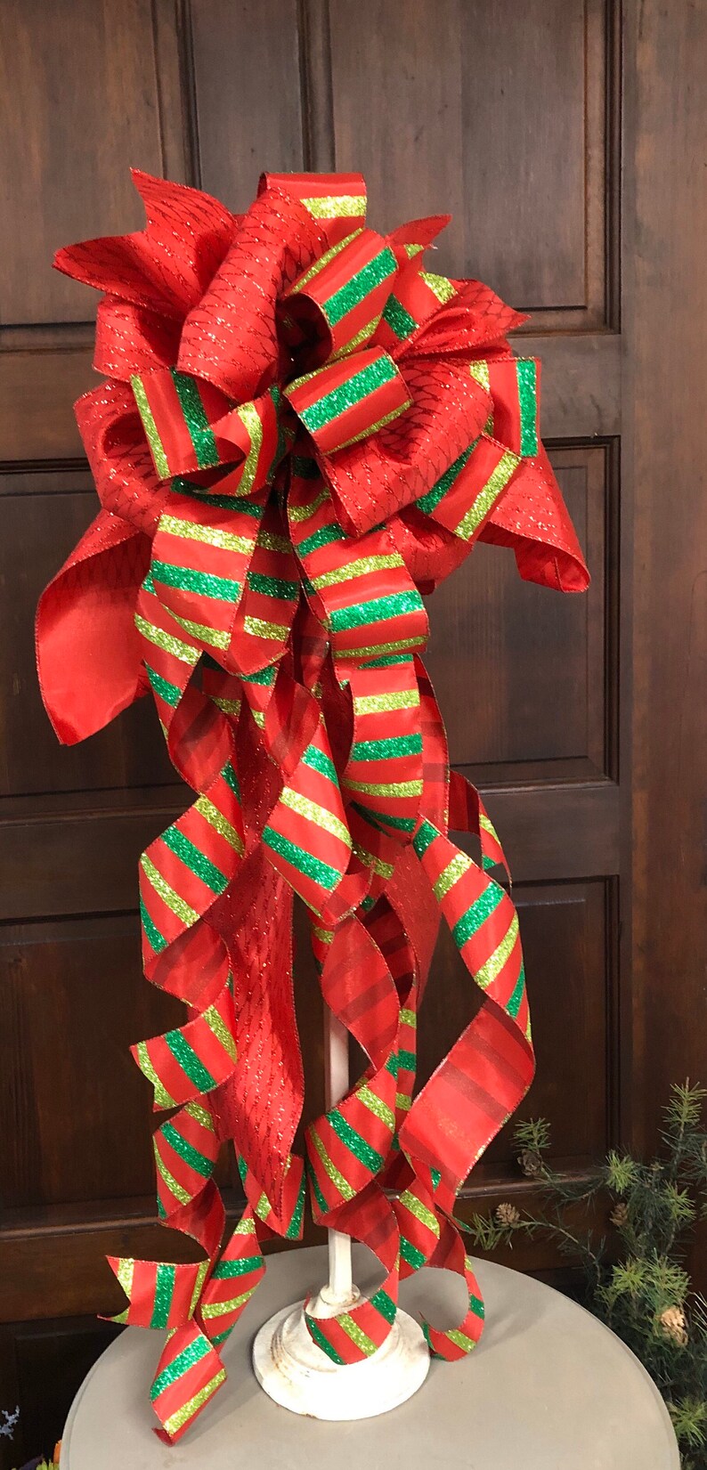 Red and Green Tree Topper Bow Whimsical Tree Bow Christmas Bow with Streamers