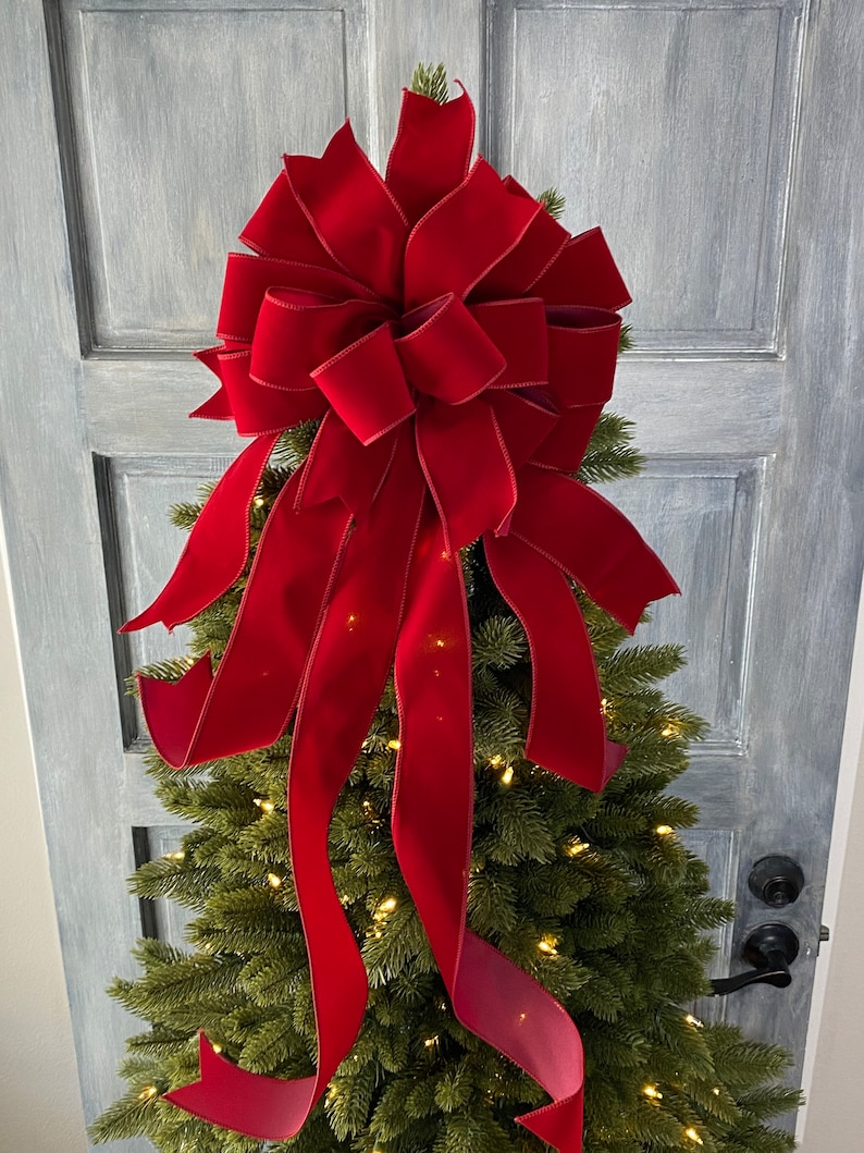 Dark Red velvet Christmas Tree Topper bow with long streamers, Christmas Wreath bow, Bow for swags, staircase or large gifts. image 6