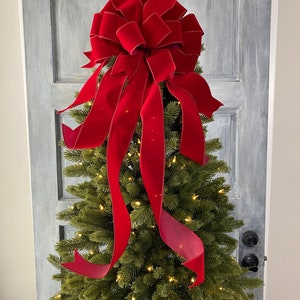 Dark Red velvet Christmas Tree Topper bow with long streamers, Christmas Wreath bow, Bow for swags, staircase or large gifts. image 7