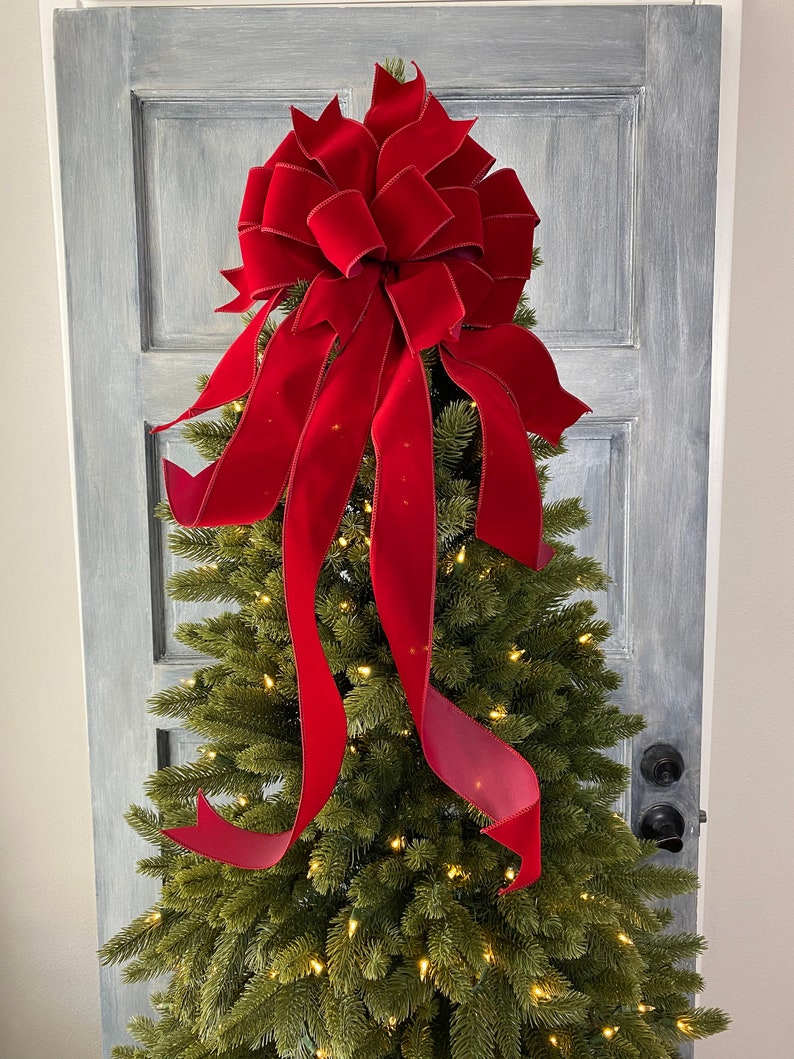 Dark Red velvet Christmas Tree Topper bow with long streamers, Christmas Wreath bow, Bow for swags, staircase or large gifts. image 7