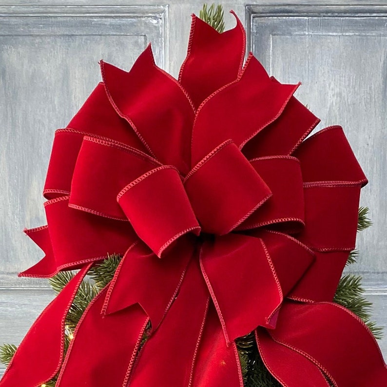 Dark Red velvet Christmas Tree Topper bow with long streamers, Christmas Wreath bow, Bow for swags, staircase or large gifts. image 8