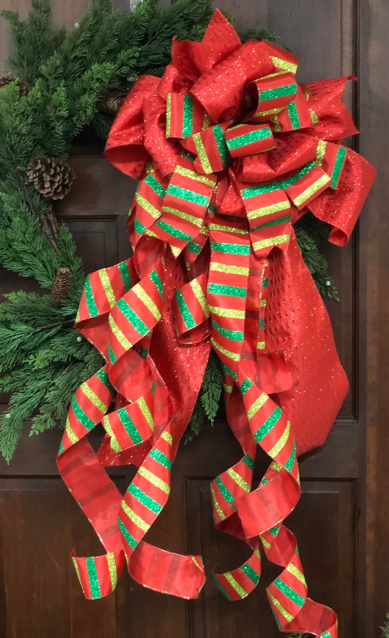 Red and Green Tree Topper Bow Whimsical Tree Bow Christmas Bow with Streamers