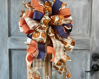Orange, Blue and Tan Fall Bow for lanterns, wreaths, mailbox, Pumpkin Wreath Bow, Thanksgiving Lantern Topper