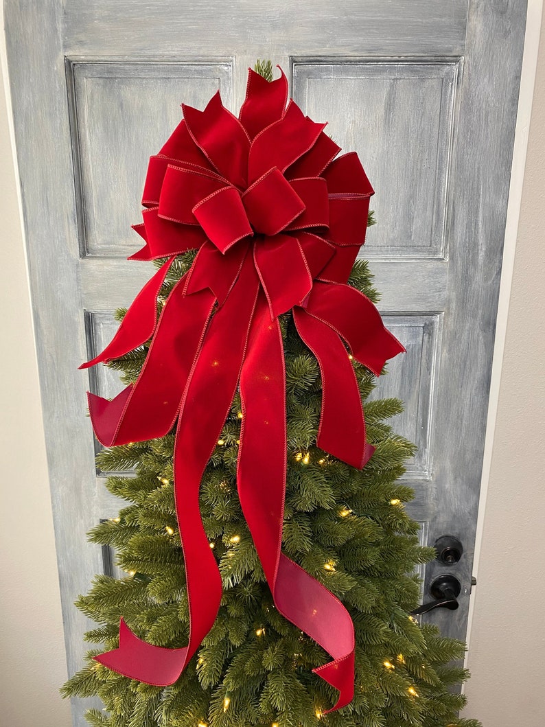 Dark Red velvet Christmas Tree Topper bow with long streamers, Christmas Wreath bow, Bow for swags, staircase or large gifts. image 1