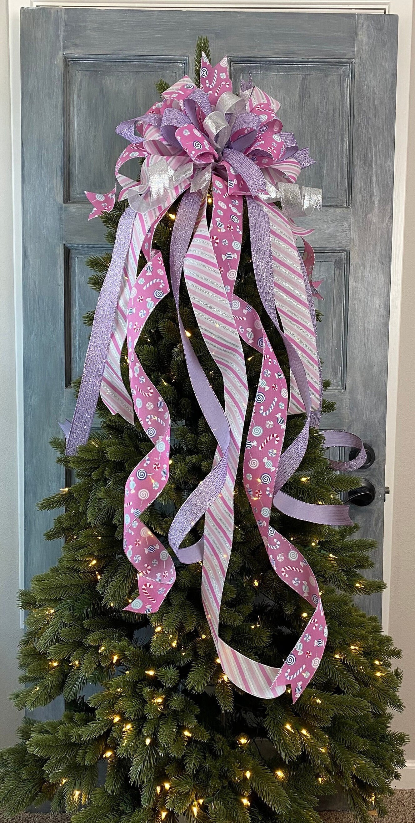 Whimsical Pink Pastel Candyland tree topper bow, Tree topper bow with long streamers, XL Tree Topper in Pink, Lavender, Silver, White, Mint