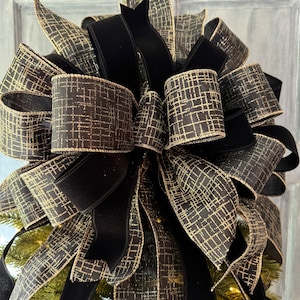 XL Black Velvet and Gold Christmas Tree Topper Bow, Elegant Tree Topper, Modern Tree Topper, Long Streamer Bow