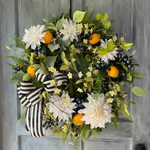 Large Spring and Summer Lemon Blueberry Wreath for Front Door, Kitchen Fruit Wreath, French Country Door Wreath with Stripe Bow