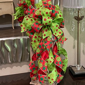 Whimsical Red and Lime Green Polka Dot Bow for Tree Topper - Etsy