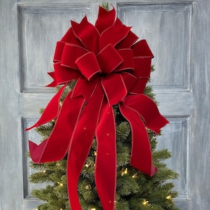 Dark Red velvet Christmas Tree Topper bow with long streamers, Christmas Wreath bow, Bow for swags, staircase or large gifts. image 9