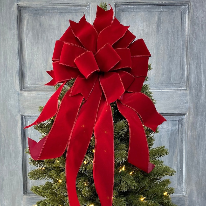 Dark Red velvet Christmas Tree Topper bow with long streamers, Christmas Wreath bow, Bow for swags, staircase or large gifts. image 9