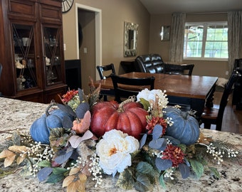 XL Fall Pumpkin Centerpiece Rust Cream & Blue Autumn Table Arrangement
