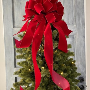 Dark Red velvet Christmas Tree Topper bow with long streamers, Christmas Wreath bow, Bow for swags, staircase or large gifts. image 4