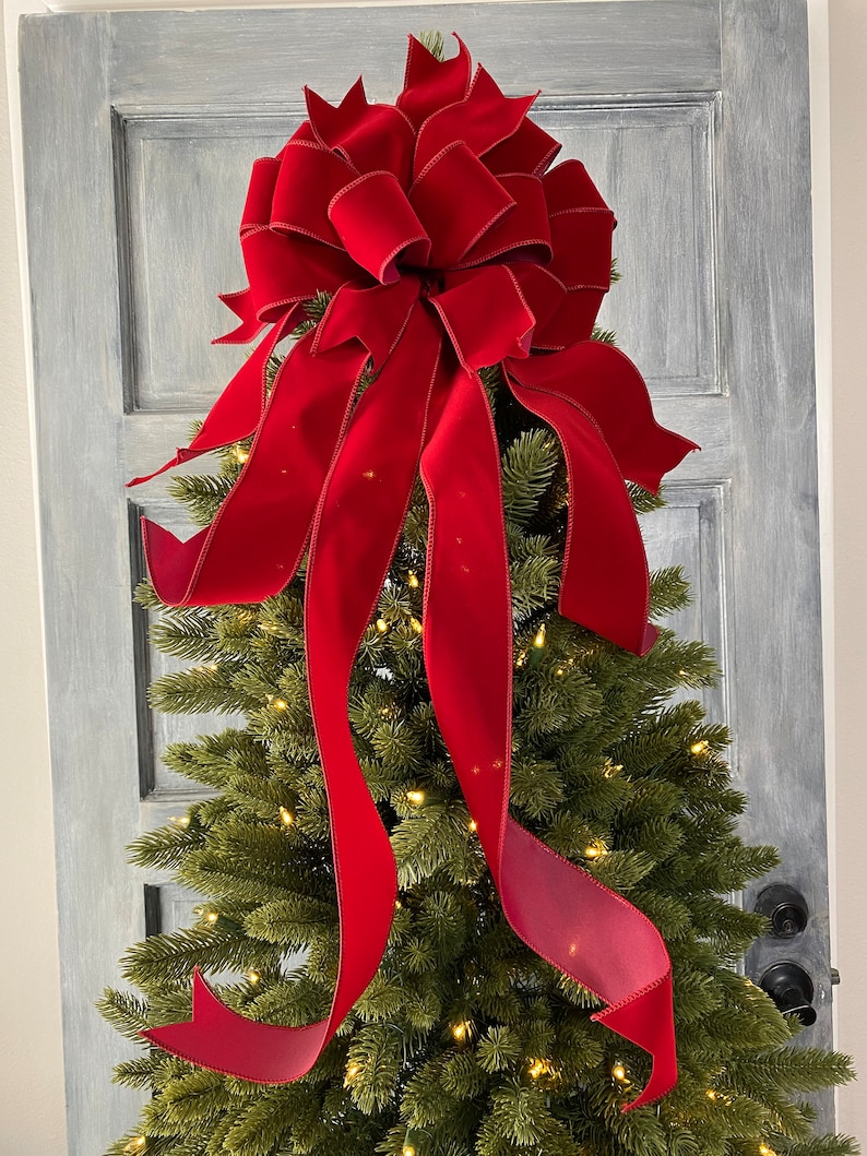 Dark Red velvet Christmas Tree Topper bow with long streamers, Christmas Wreath bow, Bow for swags, staircase or large gifts. image 4