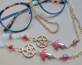 Lanière de chaîne de lunettes de pentacle et de champignon ~ esthétique magique de sorcière de pentagramme ~ pour des lunettes de vue, des lunettes de soleil, etc.