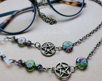 Lanière de chaîne de lunettes de patchwork et de pentacle ~ esthétique de cottagecore de hippie de pentagramme magique ~ pour des lunettes de vue, des lunettes de soleil, etc.