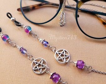 Lanière de chaîne de lunettes pentacles et violets ~ Pentagramme magique, fée sorcière, Cottagecore esthétique ~ Pour lunettes de vue, lunettes de soleil, etc.