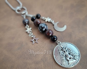Red Jasper & Snowflake Obsidian Baphomet ~Hanging Talisman Ward ~Witchcore ~Crystal Magick ~Car Charm Lucky Amulet