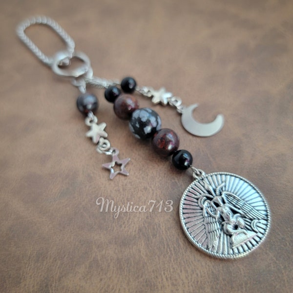 Red Jasper & Snowflake Obsidian Baphomet ~Hanging Talisman Ward ~Witchcore ~Crystal Magick ~Car Charm Lucky Amulet