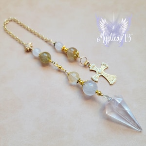 Gothic Kreuz Pendel mit Golden Healer, Golden Rutil und Bergkristall mit goldenen Metallakzenten und Funkeln
