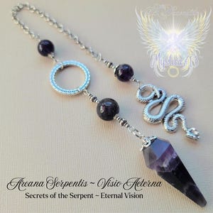 May include: A silver-toned pendulum with a faceted amethyst crystal point, dark purple beads, and a coiled snake charm. The pendulum is suspended from a chain and features the text "Arcana Serpentis - Visio Aeterna".