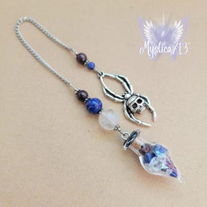 Lapis Lazuli Garnet Spider Pendulum w  Optional Altar Set of Satin Spar Tower Pouch and Tumble or Worry Stone or Mini Cluster Divination Kit